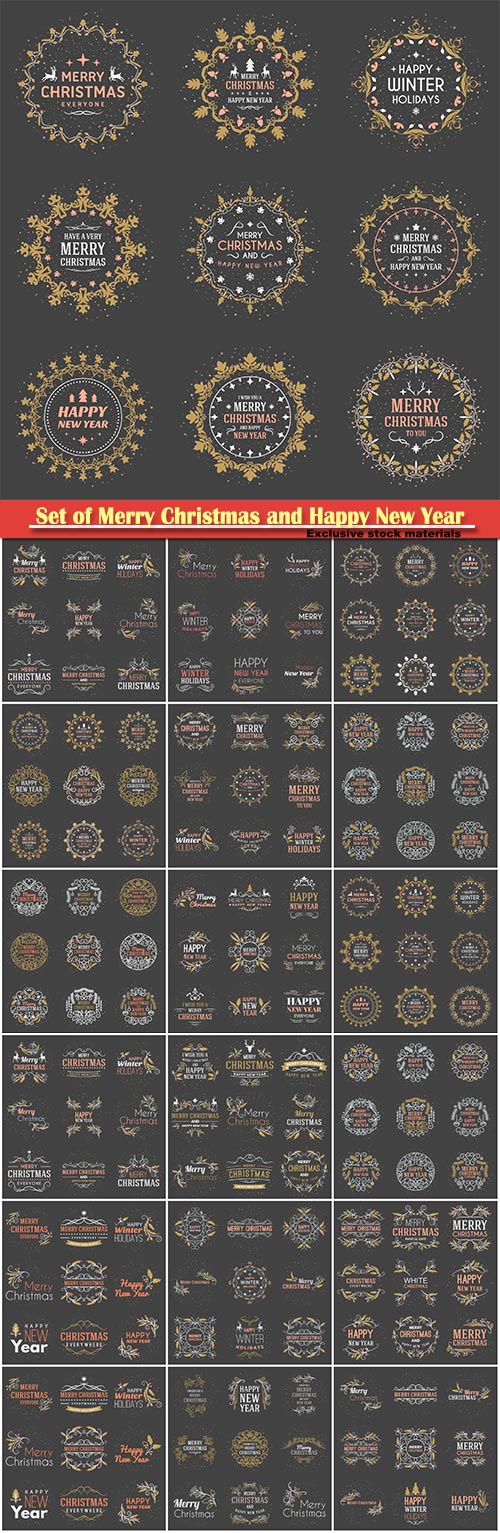 Set of Merry Christmas and Happy New Year decorative badges on dark vector background