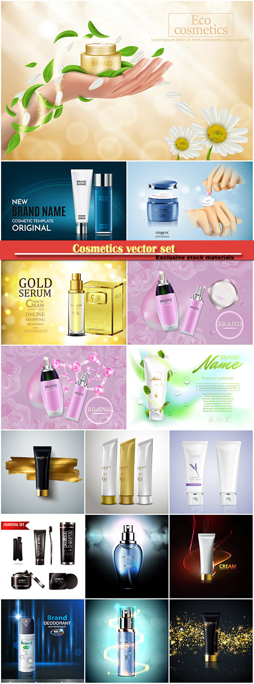 Cosmetics vector set, shampoo, mask, soap, perfume