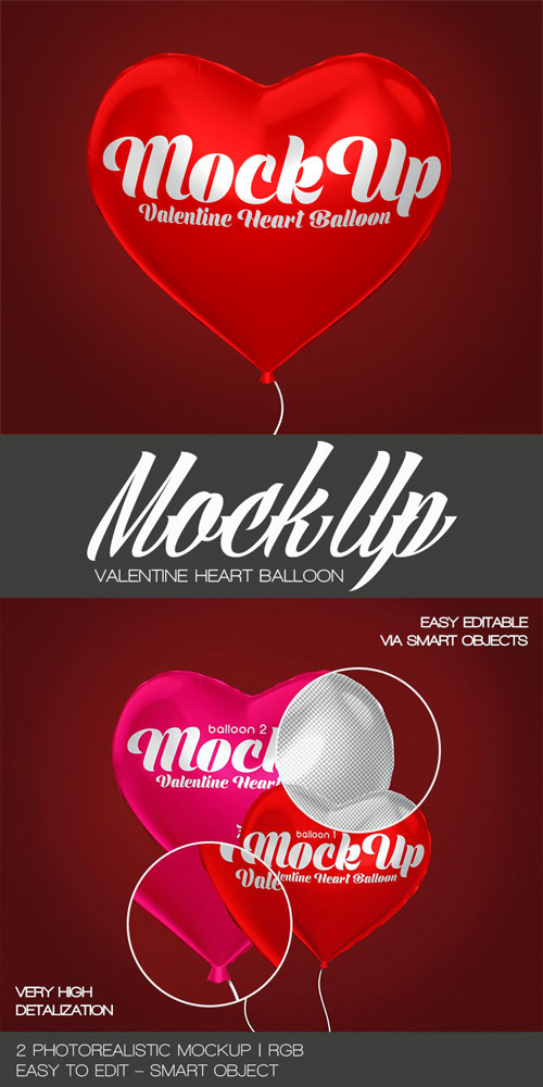2 Valentine Heart Balloon PSD Mockups