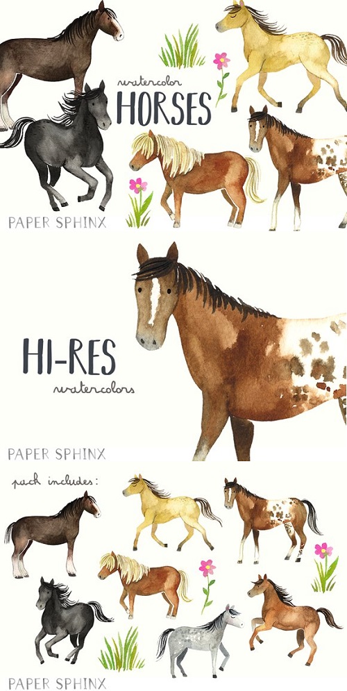 Watercolor Horses Clipart Pack 2090057