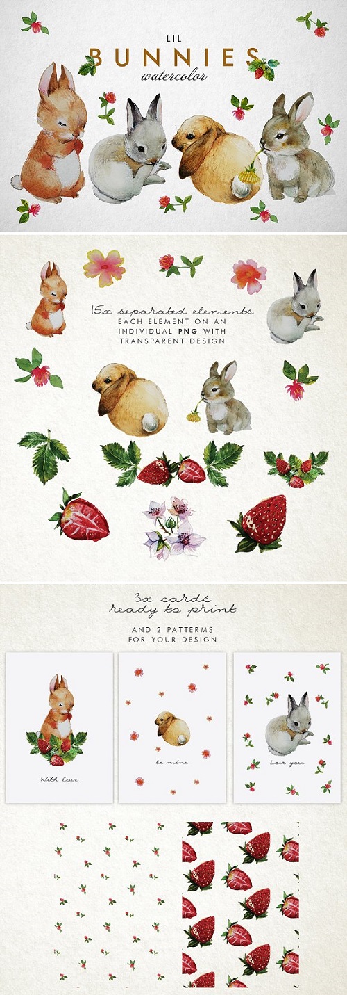 Bunnies + strawberry watercolor 2247744