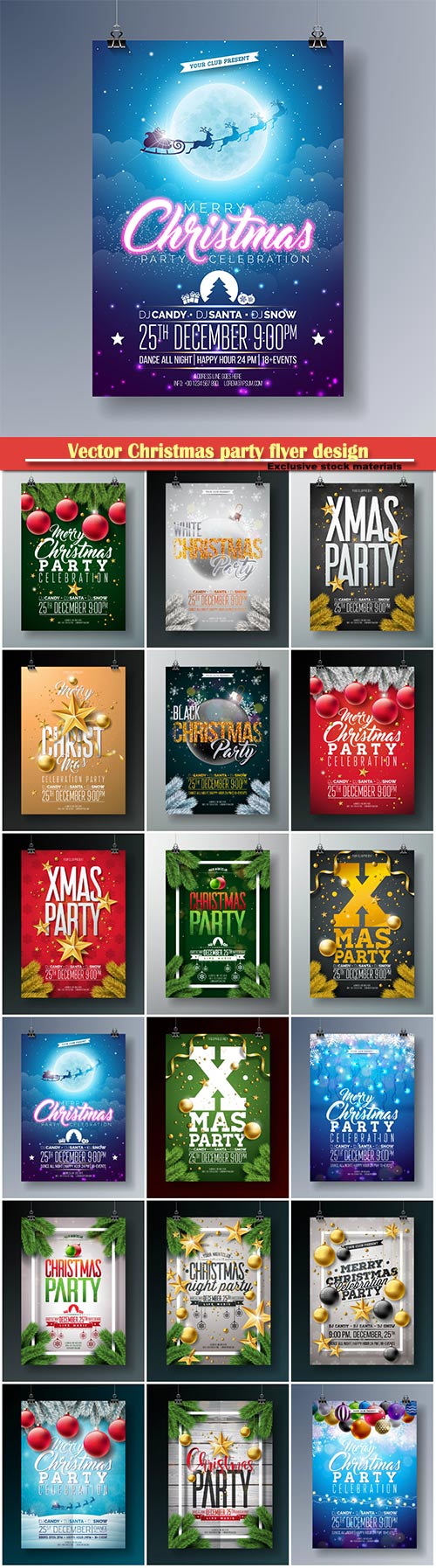 Vector Christmas party flyer design, holiday typography elements