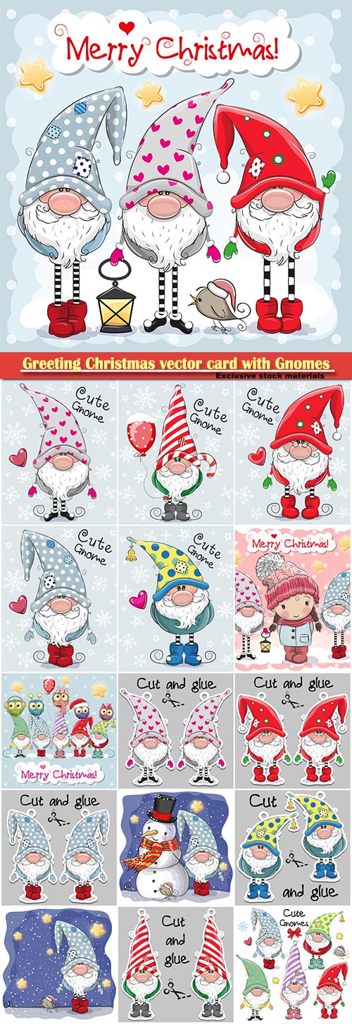 Greeting Christmas vector card with Gnomes and owls