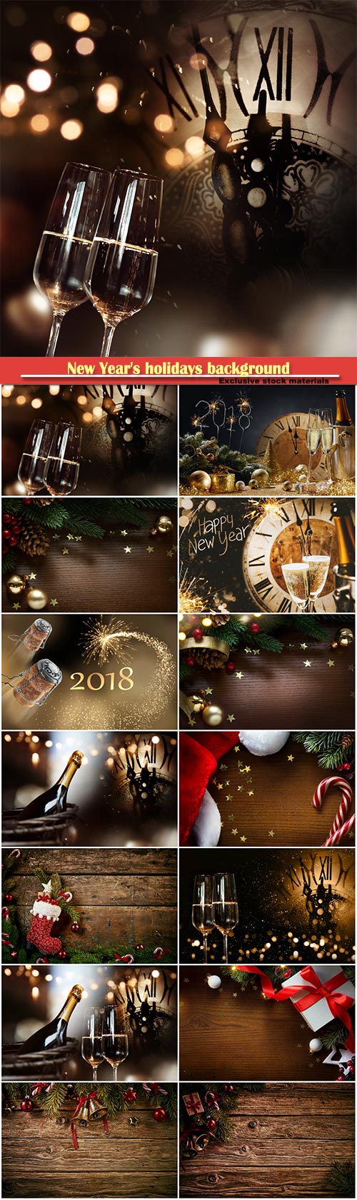 New Year's holidays background with champagne and clock for new year