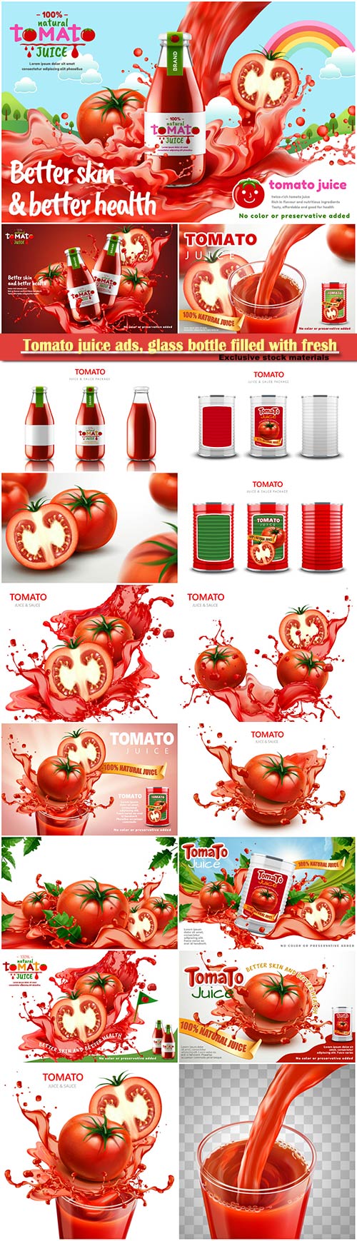 Tomato juice ads, glass bottle filled with fresh tomato juice with splashin ...