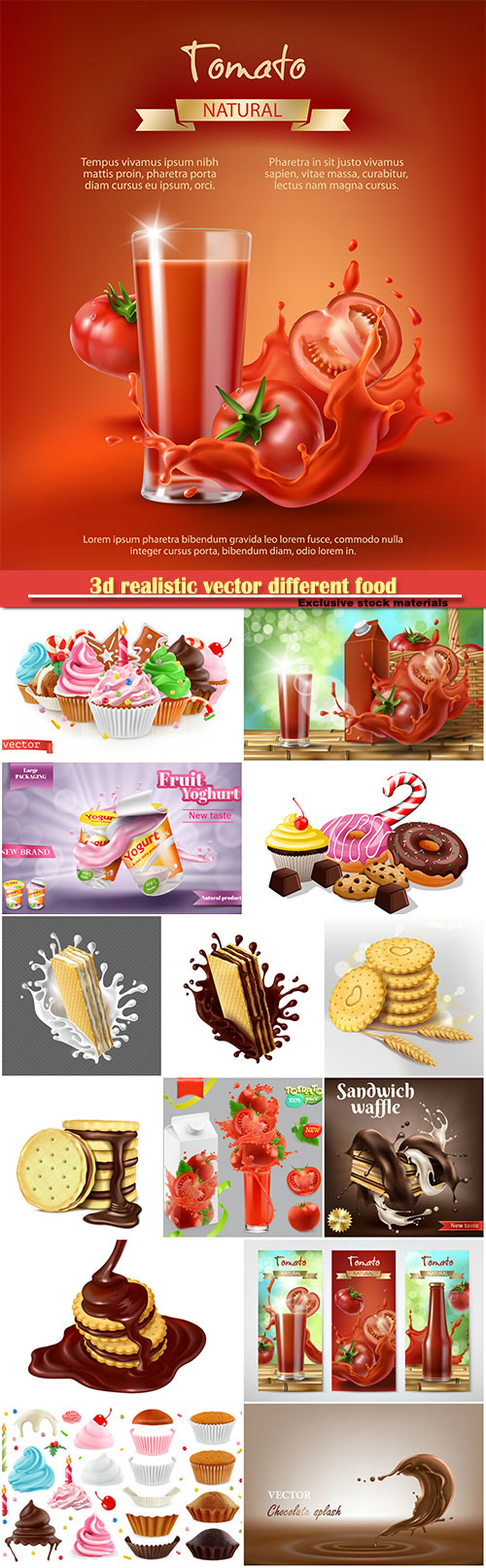 3d realistic vector different food, sweet dessert, cake, cupcake, chocolate, juice