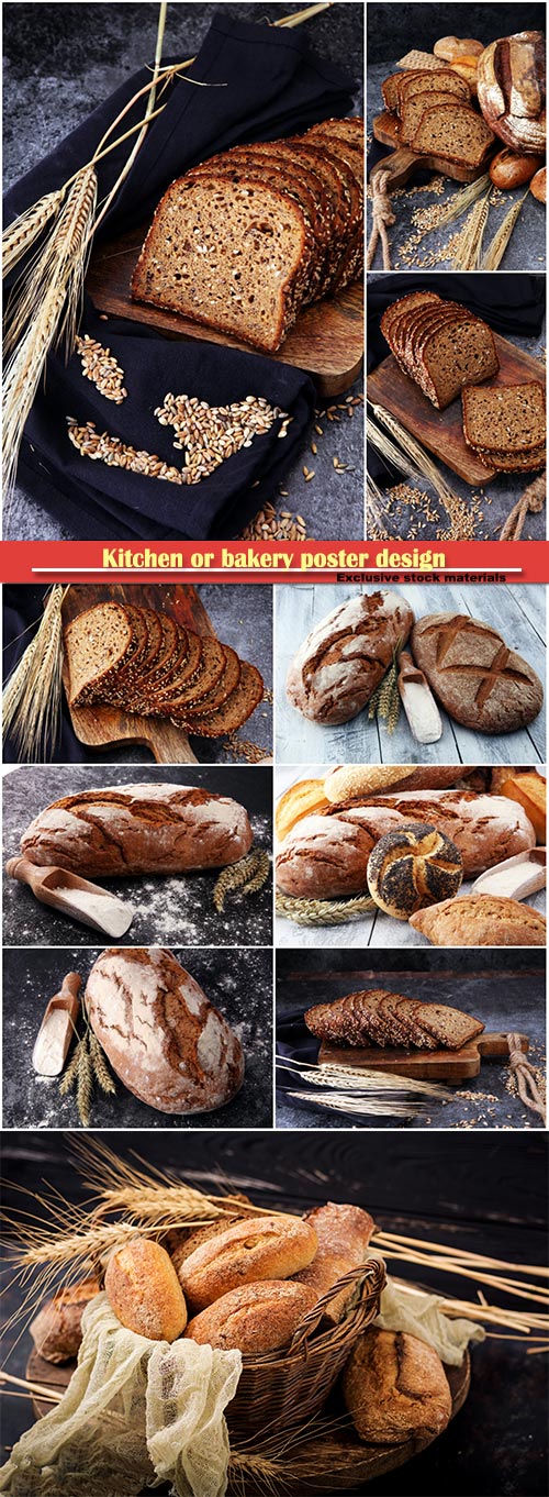 Kitchen or bakery poster design, different kinds of bread