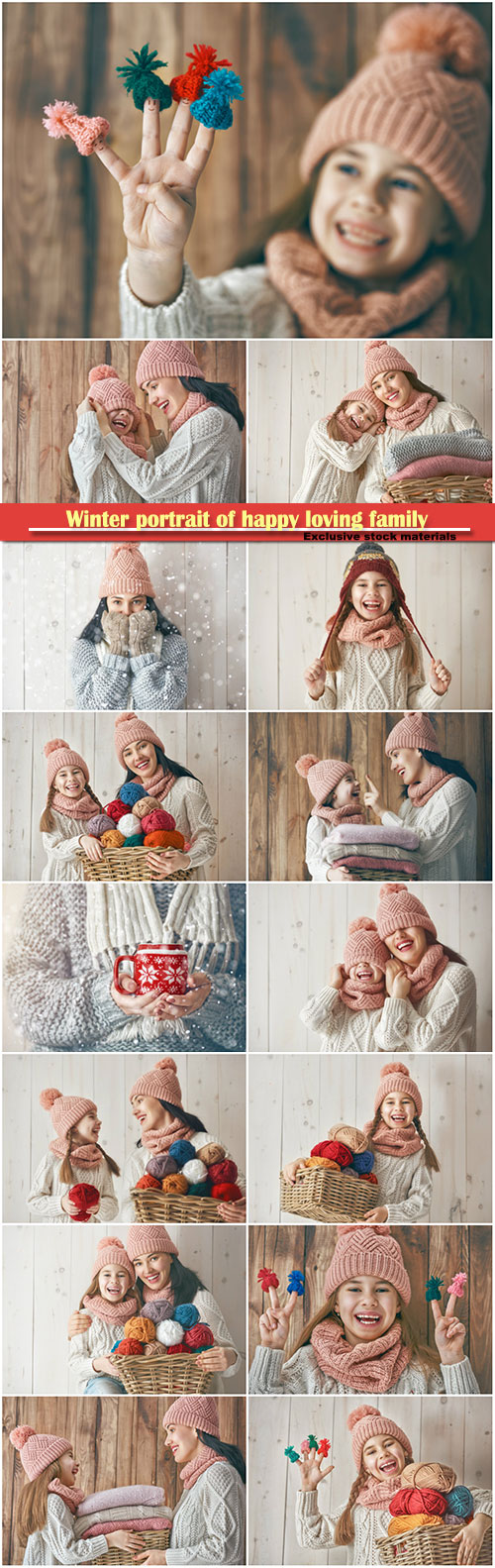 Winter portrait of happy loving family wearing knitted hats and sweaters