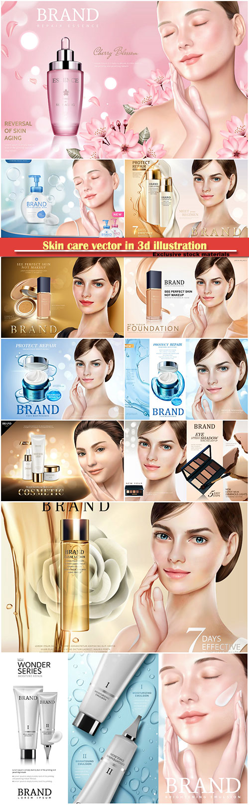Cosmetic skincare vector, moisture soothing products with a beautiful model ...