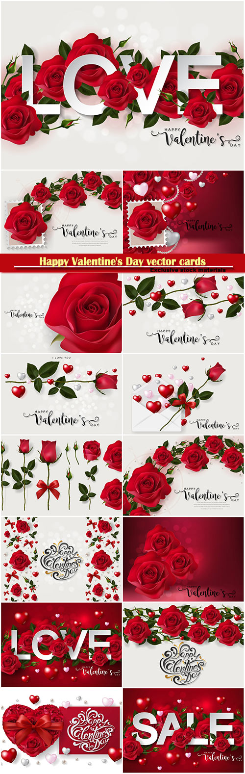 Happy Valentine's Day vector cards, red roses and hearts, romantic backgrounds