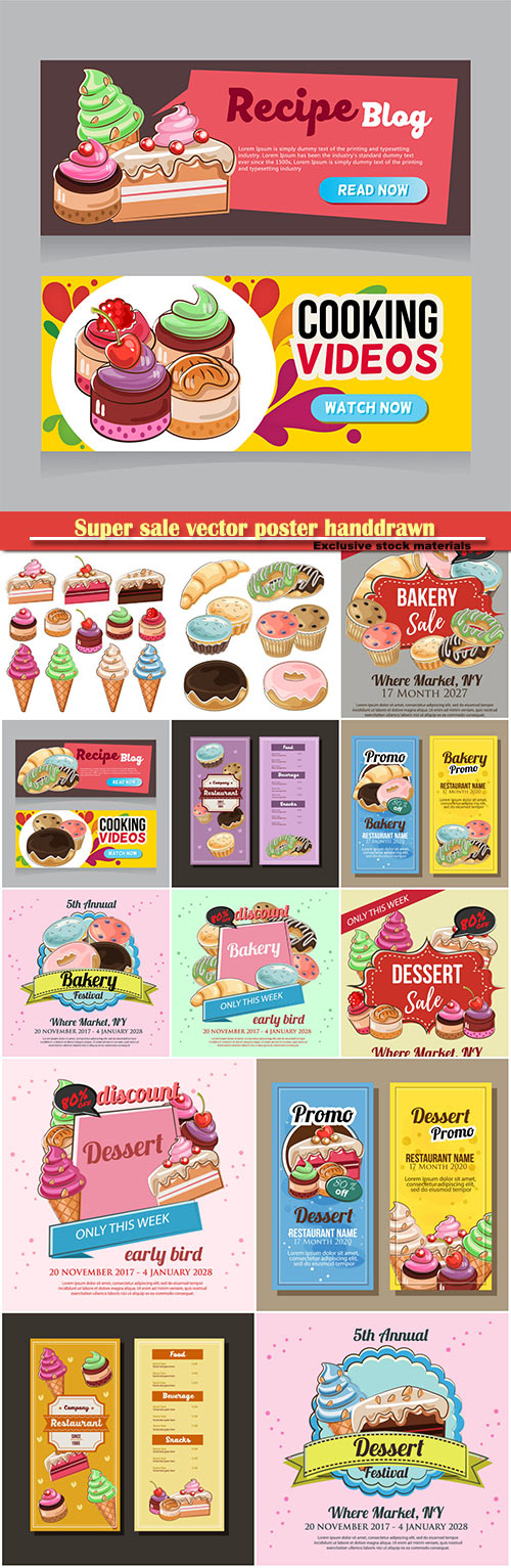 Super sale vector poster handdrawn, dessert theme and bakery